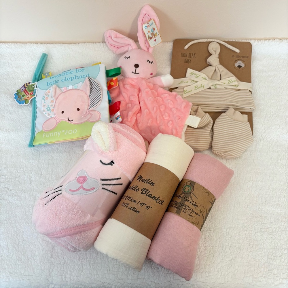 SOLD SOLD New! Baby Girl Bundle- muslin blankets, towel, lovey, soft book, hat